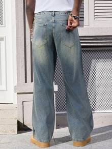 ROMWE MEN Street Life 男士时尚水钻装饰宽松口袋牛仔裤 - 藍色 - 查看 2