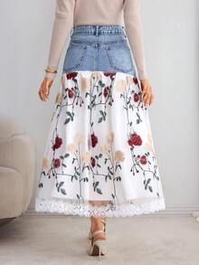 Selianne 女士中长款牛仔撞色网眼甜美高腰 A 字裙 - 中等水洗藍 - 查看 2