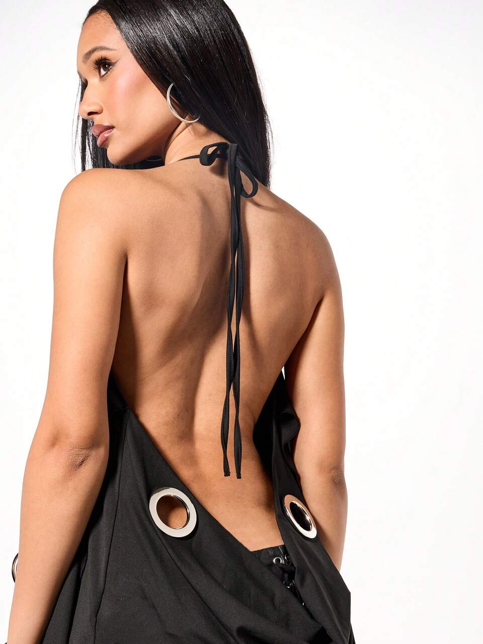 SUMWON Halloween Draped Halter Top With Metal Eyelet Details And Flowing Cape Sleeves For Evening Occasions