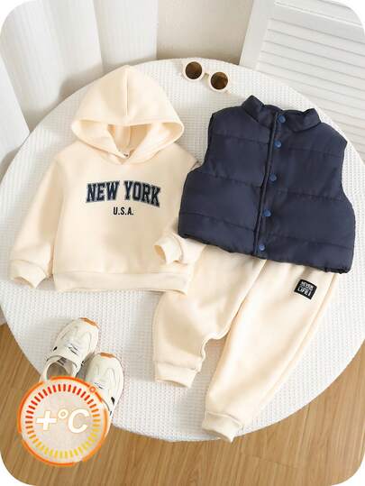 SHEIN Set de 3 piezas: Sudadera con capucha linda para bebé niño, pantalones joggers forrados térmicamente y chaqueta gruesa, ropa de invierno unisex para bebé adecuada para deportes al aire esquí