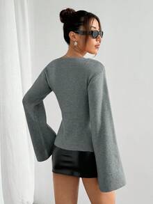 SHEIN Unity Áo len cardigan dệt kim hai hàng khuy, thắt eo thời trang dành cho nữ, Thu/Đông - Xám - Xem 2