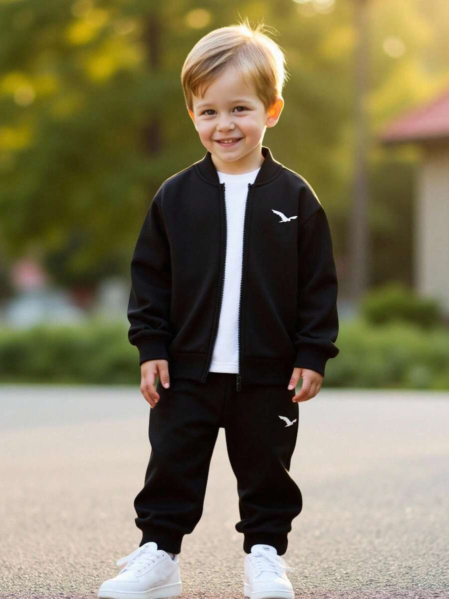 2pcs/Set Young Boys' Brushed Thick Cargo Baseball Jacket & Printed Casual Pants Set, Suitable For Winter, Matching Sibling Outfit - Black - View 1