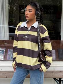 Muchica 女士休闲日常通勤字母刺绣撞色条纹图案 Polo 领落肩宽松 T 恤，春/秋 - 彩色 - 查看 3