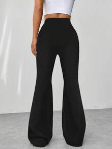 Flirla Women Solid Color Simple Textured Flare Pants Fall Cloth For Women - Black - View 2