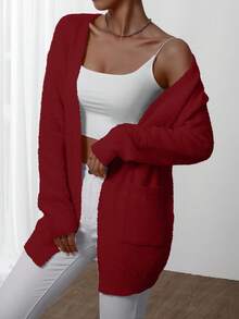 EMERY ROSE Áo len cardigan lông cừu một mặt cổ chữ V tối giản đơn sắc dành cho nữ - Màu Đỏ Sâu - Xem 5