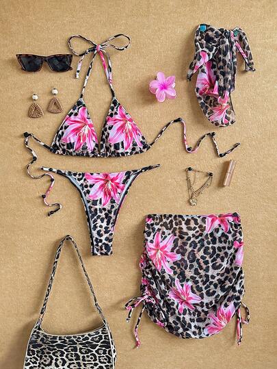 SHEIN Swim 2025年音乐节服装女士豹纹花卉印花性感吊带比基尼套装