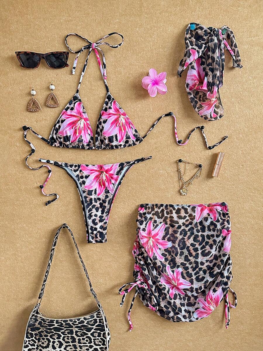 SHEIN Swim Bộ đồ bơi hở lưng họa tiết da báo và hoa gợi cảm cho lễ hội âm nhạc năm 2025 dành cho nữ - Nhiều màu - Xem 1
