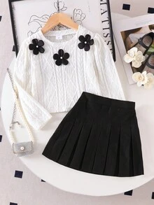 SHEIN Elladie kids 女童可爱黑色碎花图案白色长袖圆领打底衫搭配黑色百褶舒适迷你裙T恤套装，秋冬款 - 白色 - 查看 1