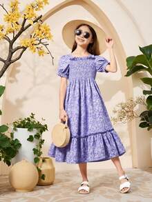 Tween Girls' Puff Sleeve Floral Print Square Neck Pleated Dress,Holiday,Summer,Travel - Purple - View 4
