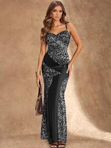 Chiquease Sleeveless V-Neck Leopard Print Flocked Patchwork Satin Dress - Black - View 1