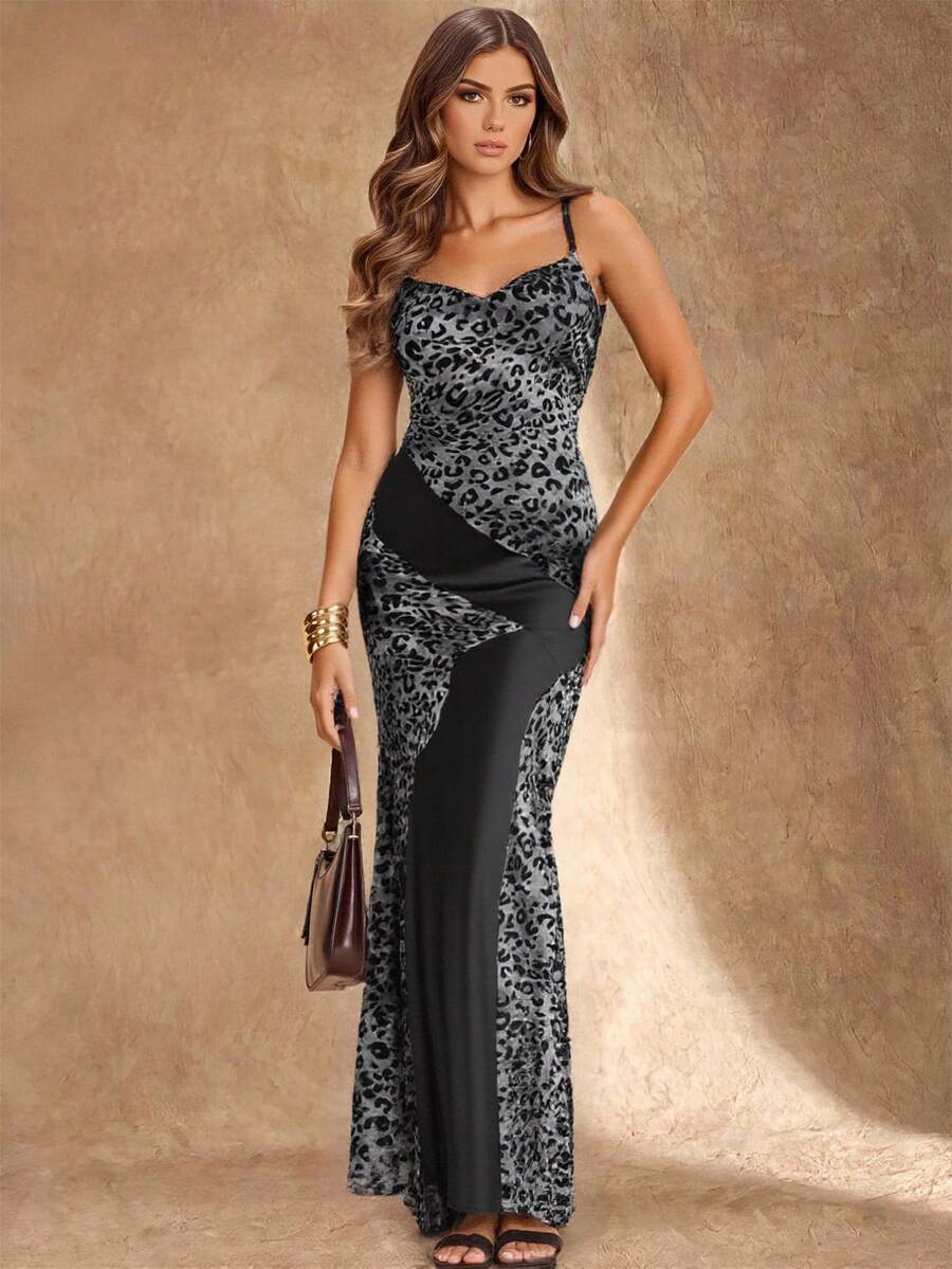 Chiquease Sleeveless V-Neck Leopard Print Flocked Patchwork Satin Dress - Black - View 1