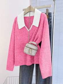 Franclia V-Neck 2 In 1 Long Sleeve Sweater, Autumn/Winter - Hot Pink - View 3
