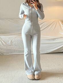 SHEIN 少女两件套：灰色连帽罗纹针织短款开衫和喇叭裤，休闲街头装 - 灰色 - 查看 4