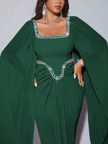 Viva Relle Elegantes, romantisches, luxuriöses Maxikleid für Damen in Große Größen für Bankette, Partys, Hochzeitsgäste, aus Chiffon mit Laternenärmeln, Rundhalsausschnitt, Diamantenverzierung und fließendem Stil (zufällig mit Strass verziert)