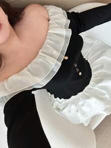 Dazy Plus Plus Size Women's Scalloped Off Shoulder Flare Sleeve Fitted Cropped T-Shirt, Spring/Autumn Long Sleeve Top