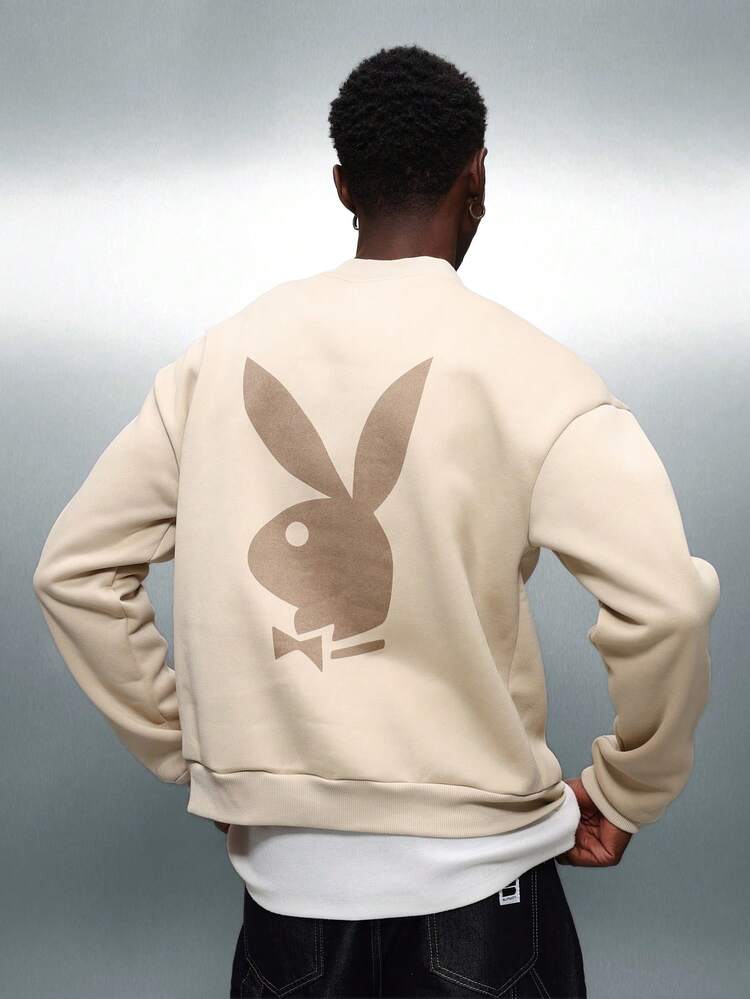 PLAYBOY X SUMWON Beigefarbene Strickjacke mit durchgehendem Reißverschluss und Logo-Print