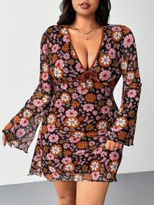SHEIN EZwear Plus Size Floral Print Lace Trim Mesh Long Sleeve Dress, Autumn/Winter - Multicolor - View 6