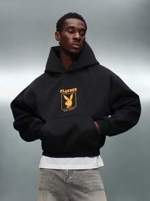 PLAYBOY X SUMWON Magazine Collaboration Oversized Hoodie Cropped Fit Retro Style Pullover With Centre Pocket Large Bunny Logo Vintage Inspired - Black - View 2