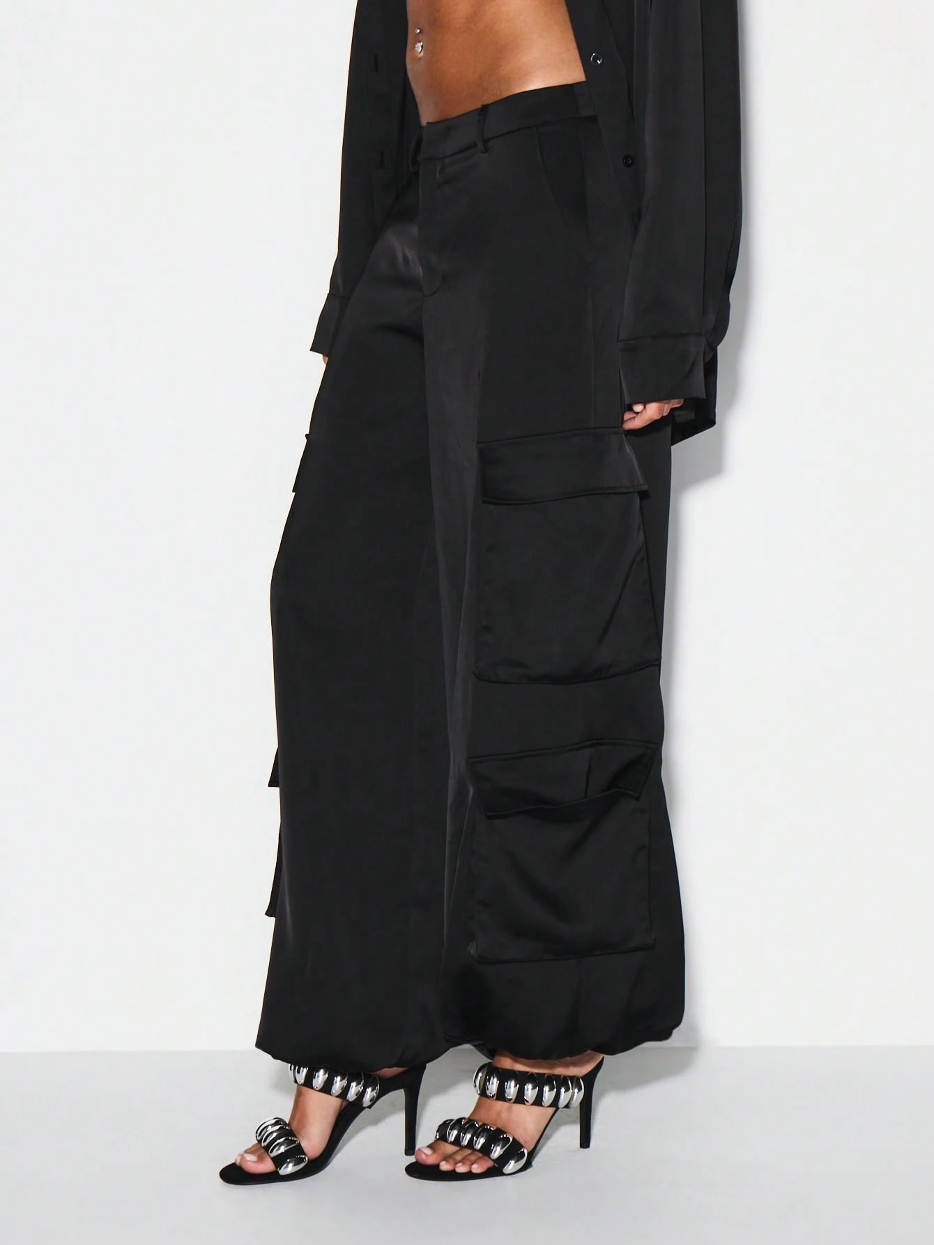 KIZN Satin Cargo Wide Leg Pants With Pockets