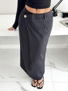 Siren Gaze 女士休闲通勤条纹单扣直筒裙 - 深灰色 - 查看 3