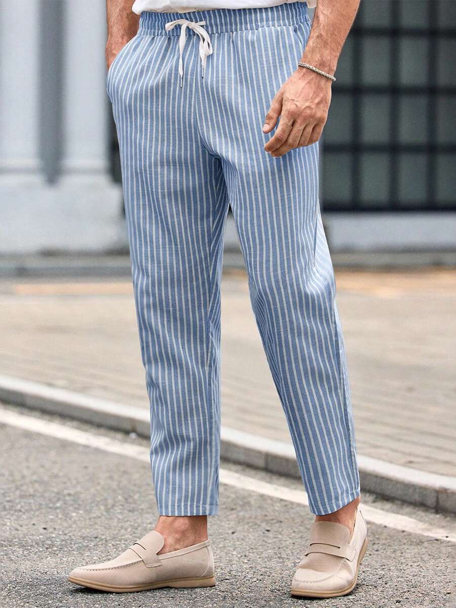 Manfinity VCAY Men's Casual Woven Striped Elastic Waist Cropped Pants - Blue - View 1