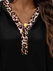SHEIN Clasi Sweatshirt Lengan Panjang Wanita Gaya Minimalis Kasual Motif Leopard Warna Kontras Hitam, Cocok untuk Musim Gugur/Dingin - MultiWarna - View 6