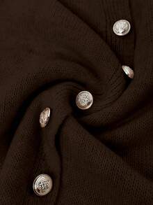 Elenzga Plus Size Casual Solid Color Gold Button Long Sleeve Cardigan - Brown - View 7