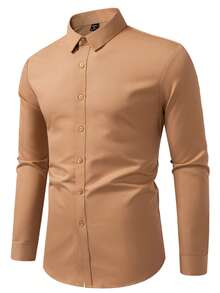 Manfinity Mode Áo sơ mi nam dài tay màu trơn, thường ngày/làm việc, mùa thu - Màu Khaki - Xem 3