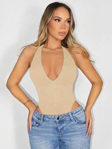 Sirith Seamless Knit Deep V-Neck Backless Halter Bodysuit - Camel - View 5