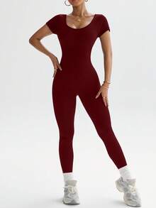 Slayform Bộ đồ liền thân thể thao co giãn cao không đường may cho nữ, hở lưng gợi cảm - Màu Đỏ Sâu - Xem 2