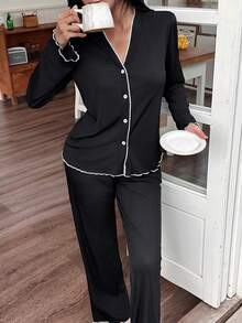 SHEIN 2件套女士宽松休闲柔软撞色滚边针织面料撞色荷叶边睡衣套装秋冬服装 - 黑色 - 查看 3