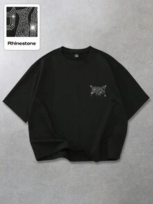 PAVTROS 男士短款黑色图案 T 恤，饰有水钻字母印花，秋冬街头服饰，万圣节派对 INS 街头服饰风格，男女同款，时尚男装，男士 T 恤，非常适合万圣节，水钻装饰，说唱歌手 T 恤，男朋友礼物。 - 黑色 - 查看 2