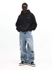 SUMWON Jeans de pierna ancha de color azul claro desgastado con detalles de rodilla rasgada para moda casual de calle - Azul - Ver 1