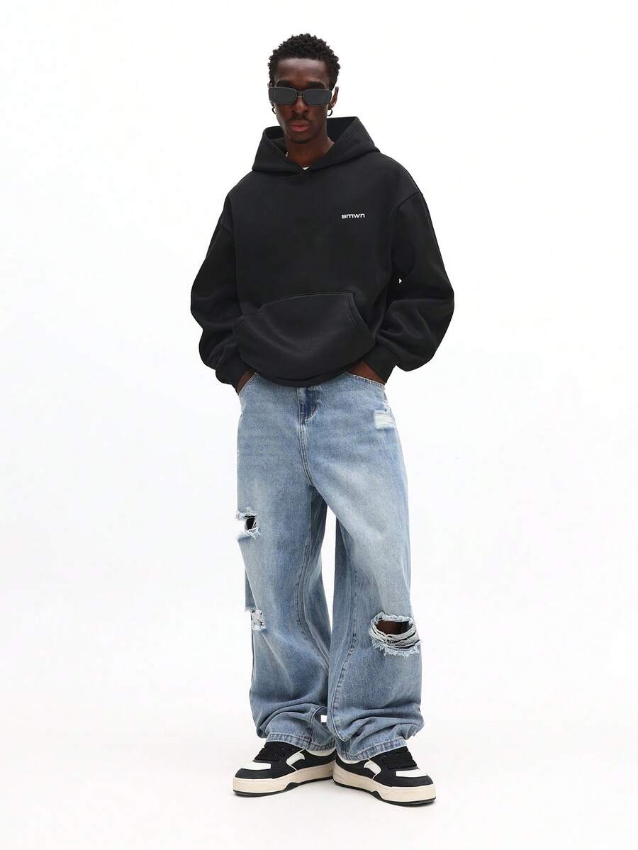 SUMWON Jeans de pierna ancha de color azul claro desgastado con detalles de rodilla rasgada para moda casual de calle - Azul - Ver 1