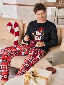 CoupledUp Christmas Plaid Cute Snowman Pattern Men's Pajama Set Fall Winter Clothes Pj Sets For Women Couple Matching Pajamas Set Sleep Wear Sets - Multicolor - View 2