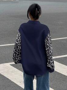 Siren Gaze 女士豹纹拼布长袖休闲衬衫，简约复古风女衬衫，街头风女衬衫，豹纹衬衫 - 藏蓝色 - 查看 2