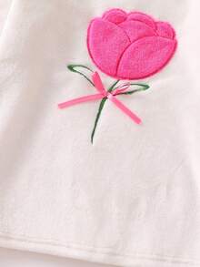 SHEIN Girls' White Plush Violet Tulip Embroidered Bow Blouse, Minimalist Fuchsia Plush Pants, 2 Pieces Sleepwear Set, Suitable For Home & Sleep - Hot Pink - View 5