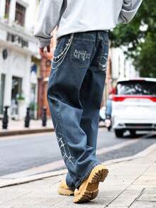 ROMWE MEN Street Life Men's Casual Jeans With Pockets And Rhinestone Spider Web Pattern