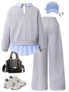 Sparklyn Set de 2 piezas para niñas preadolescentes: Sudadera estampada + Pantalones de pierna ancha, conjunto casual con cuello y bajo a rayas azul y blanco con parches