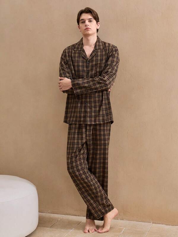 SHEIN EverLounge Men's Plaid Single-Breasted Long Sleeve Top And Pants Pajama Set, Fall Winter Clothes