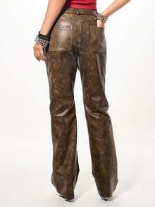 SUMWON WOMEN Faux Suede Low Rise Flare Trousers With Zipper Details For Festival Vintage Style - Brown - View 2