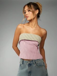 MISSGUIDED Áo crop top không dây sọc hai tông màu mùa hè xuân thường ngày nghỉ dưỡng bãi biển lễ hội không tay - Bụi hồng - Xem 4