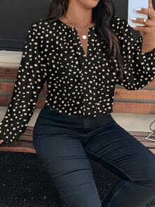 EMERY ROSE Plus Size Women V-Neck Long Sleeve All-Over Print Casual Shirt - Black - View 6