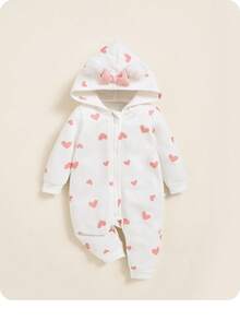 SHEIN Baby Girl 1pc Heart Print 3D Ear Detail Hooded Jumpsuit - Multicolor - View 2