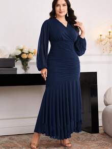 Modelyn Plus Size Elegant Solid Color Lantern Sleeve Dress, Suitable For Party - Navy Blue - View 4