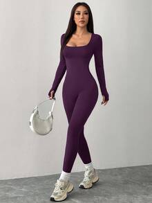 SHEIN PETITE 黑色针织方领紧身休闲运动瑜伽连体裤 - 紫色 - 查看 4