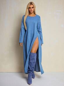 SHEIN PETITE 女式休闲性感时尚高开叉牛仔连衣裙，春秋