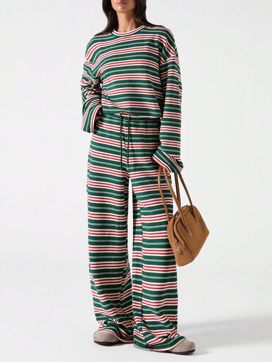 LYSMO 女士圆领落肩拼色条纹宽松休闲两件套 - 綠色 - 查看 1