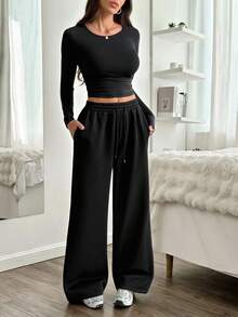 SHEIN Tall 2 件套女士纯黑色休闲家居服套装，长袖上衣和裤子，适合秋冬季，高码 - 黑色 - 查看 1