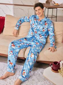 CoupledUp 男士可爱圣诞雪人雪花印花翻领缎面长袖上衣和裤子睡衣套装 情侣睡衣套装 秋冬服装 男士睡衣 - 藍色 - 查看 7